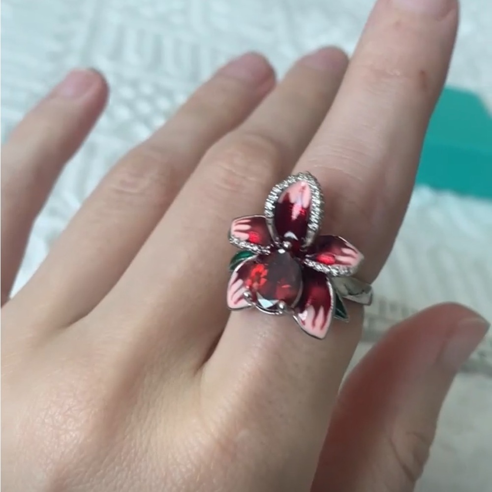 Elegant Red and Silver Floral Ring